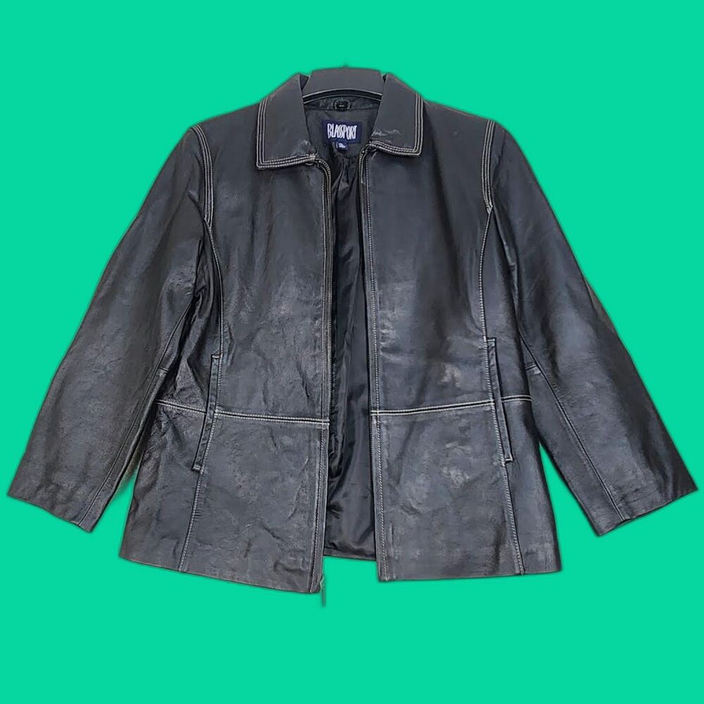 Blassport Women's Black Leather Jacket with White Trim Size M Medium
